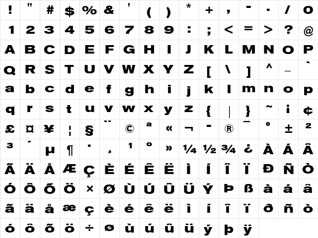 Berthold Akzidenz Grotesk Bold Extended  glyph index