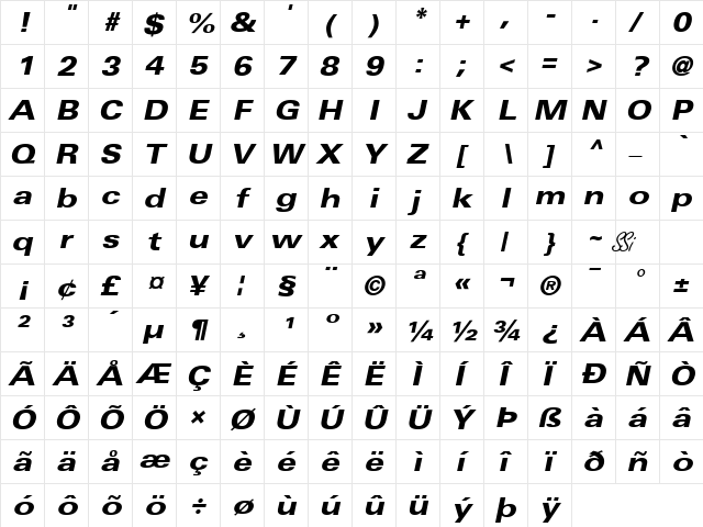 Nova Black Expanded SSi Extra Bold Expanded Italic  glyph index