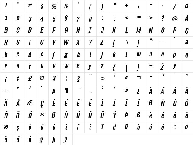 Hydra-MediumItalic Regular  glyph index