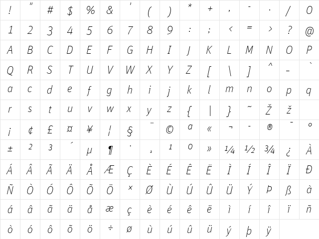 Unit-ThinItalicTF Regular  glyph index