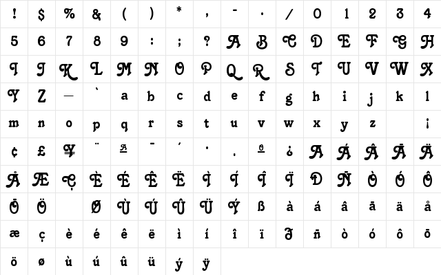 Salina Regular  glyph index