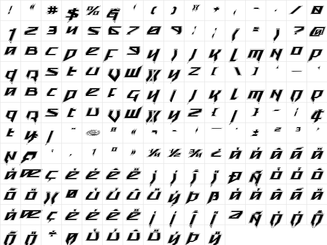 Snubfighter Academy Italic Italic  glyph index