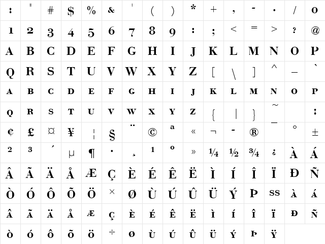 BodoniNo1URWSCDDemBol Regular  glyph index