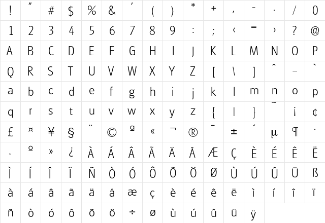 Glasgow-Xlight Regular  glyph index