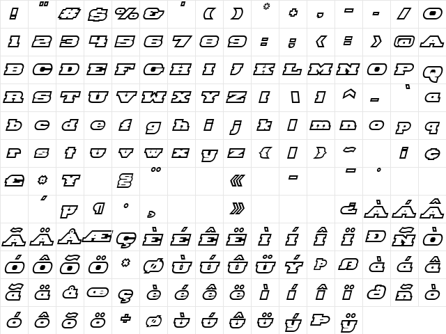 Hackney Block Outline Italic  glyph index