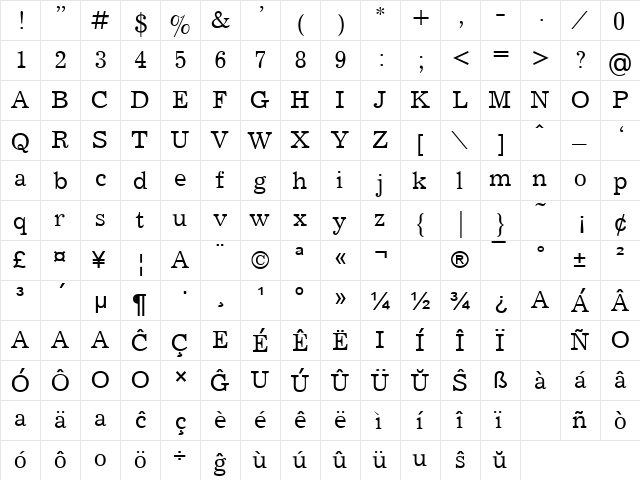 Tribuno Regular  glyph index