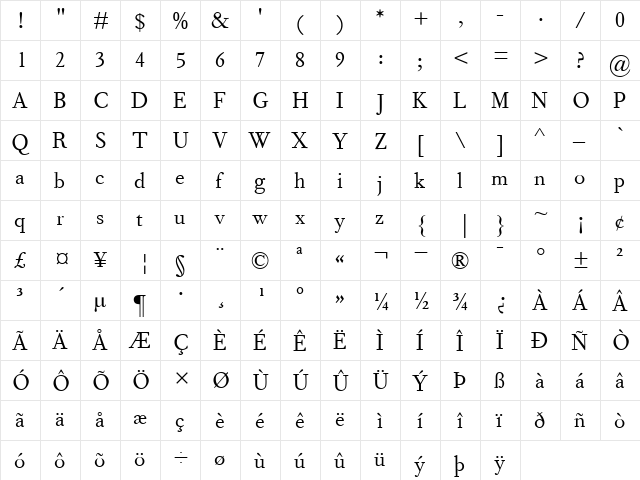 FournierMTTallCaps Roman  glyph index
