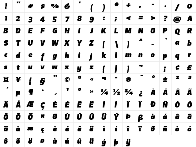 Apex New Ultra Italic  glyph index