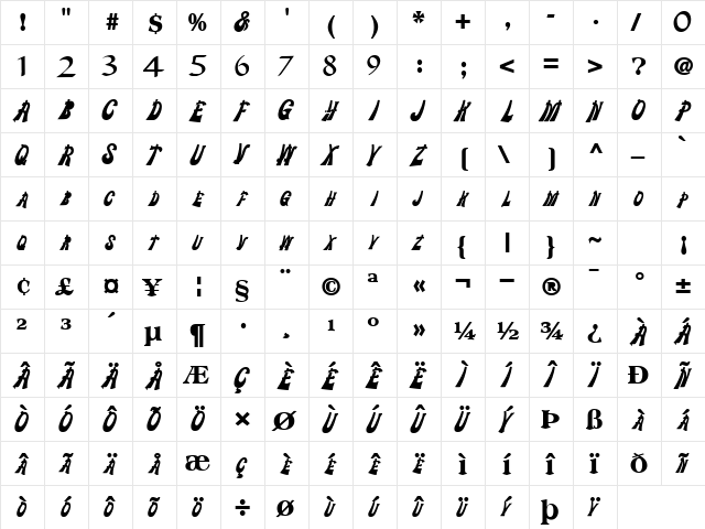 RibbonArt68 Bold  glyph index