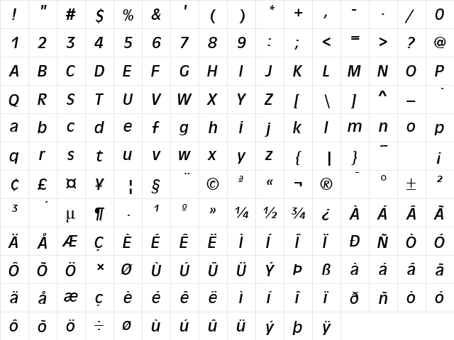 Antique Olive Regular Italic  glyph index