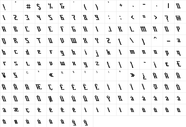 Miles Hunt Oblique Regular  glyph index