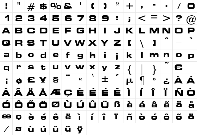 TheklaBoldExtended Regular  glyph index