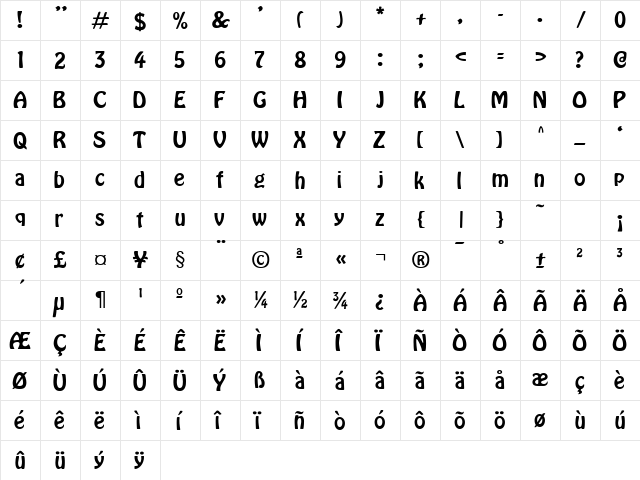 Hobo Normal  glyph index