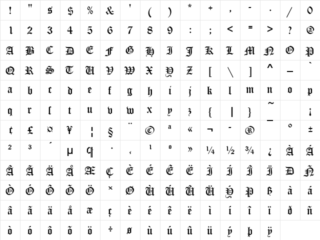 OldEnglishD Regular  glyph index