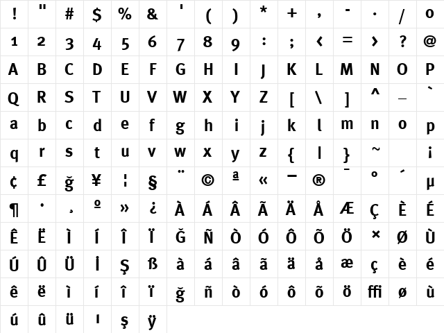 Meta Bold  glyph index