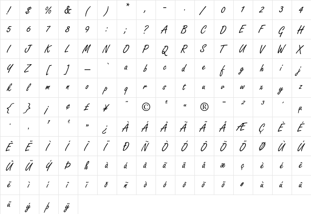 FreestyleScript Regular  glyph index