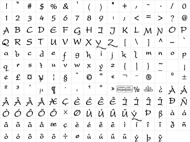 DreamerOne Bold  glyph index