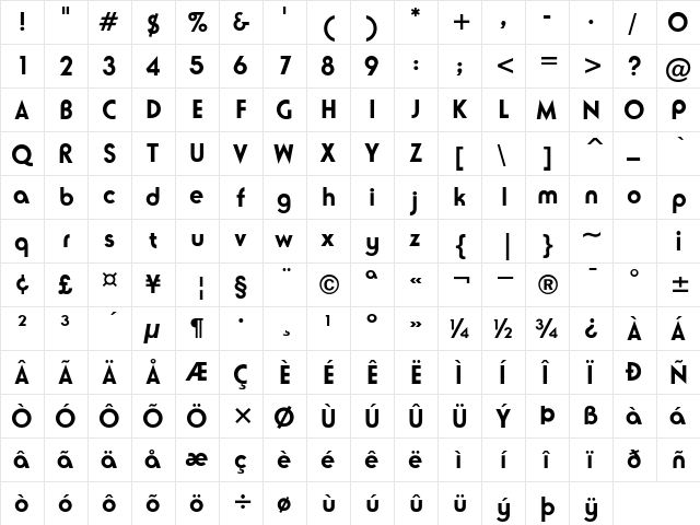 NeuseSSK Bold  glyph index