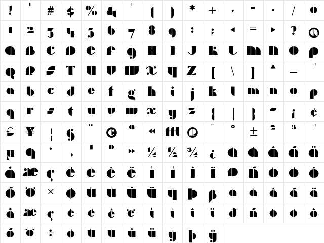 Jeanne Moderno OT Geometrique  glyph index