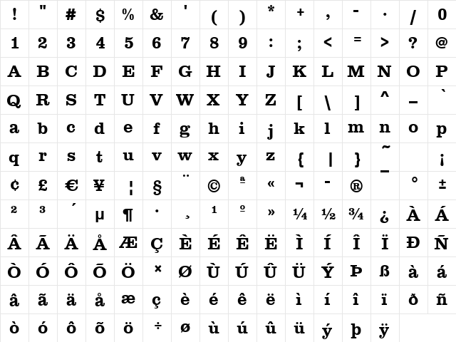Clare Bold  glyph index