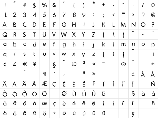 MontrealRandom Regular  glyph index