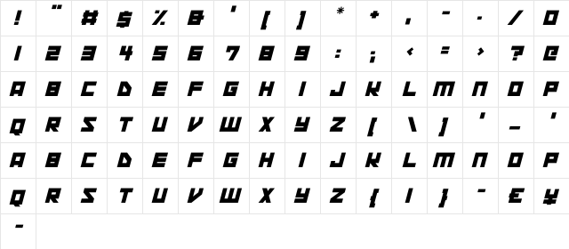 Space Squadron Italic  glyph index