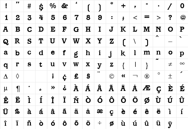 Paragon Bold  glyph index