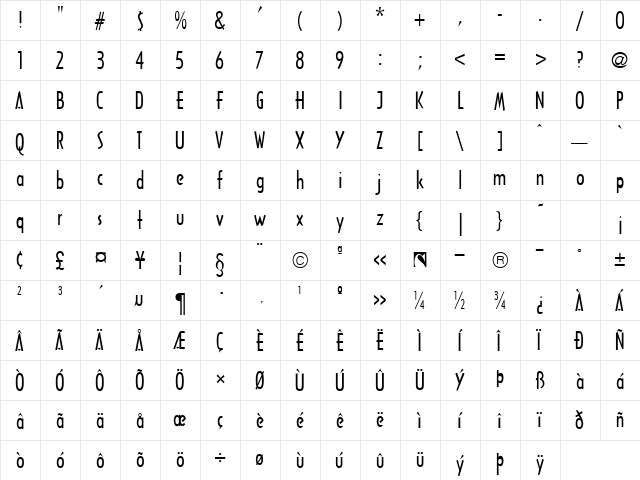 Arcadian Regular  glyph index