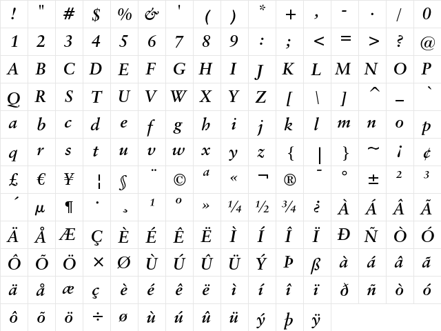 Classical Garamond Bold Italic  glyph index