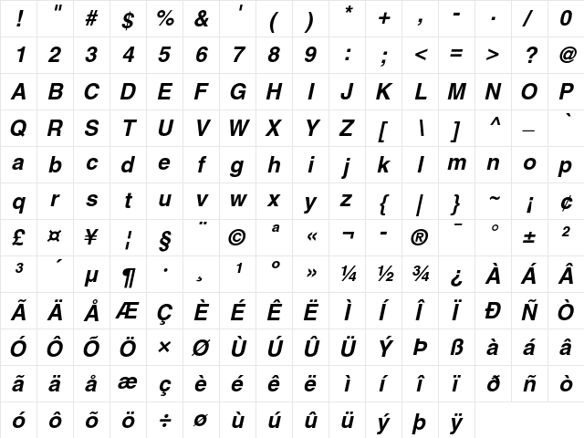 Helvetica Bold Oblique  glyph index