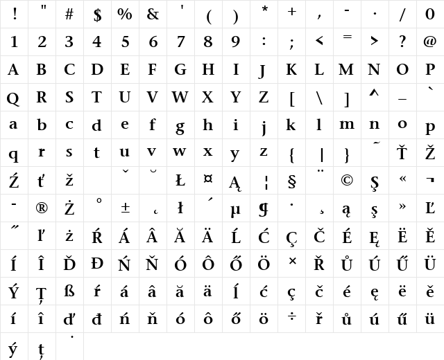 StoneSerItcTEESem Regular  glyph index