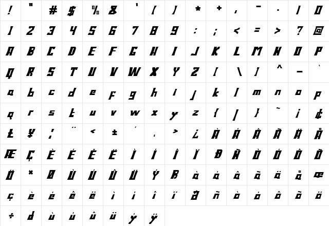 Bodax Bold Oblique Bold  glyph index