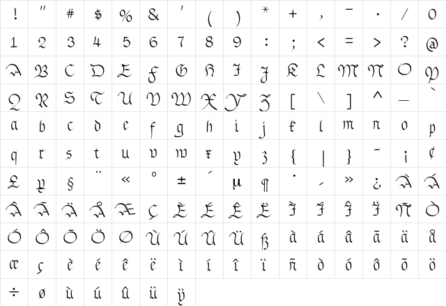 Drachenfels Regular  glyph index