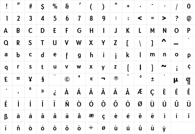 DundeeBoldCond Regular  glyph index