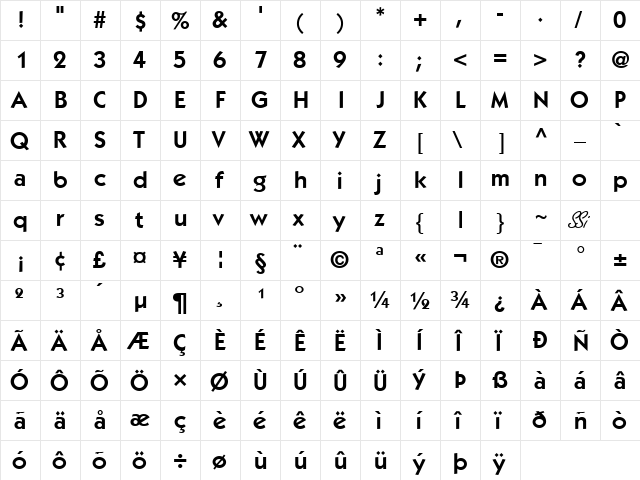 Performa Book SSi Semi Bold  glyph index