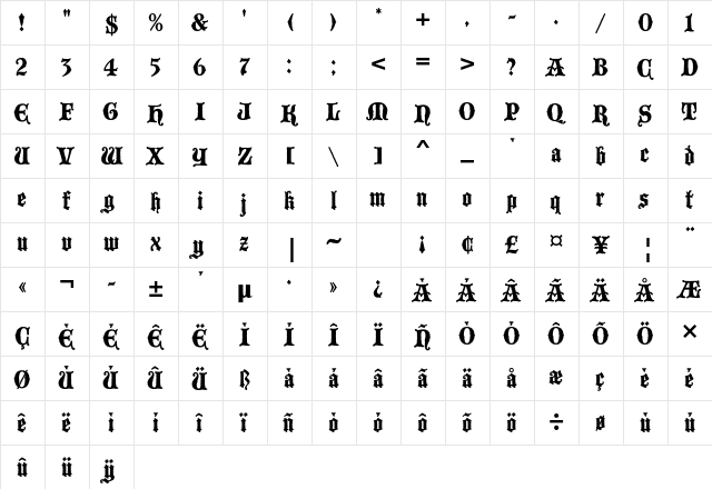 Blackmoor Std Regular  glyph index