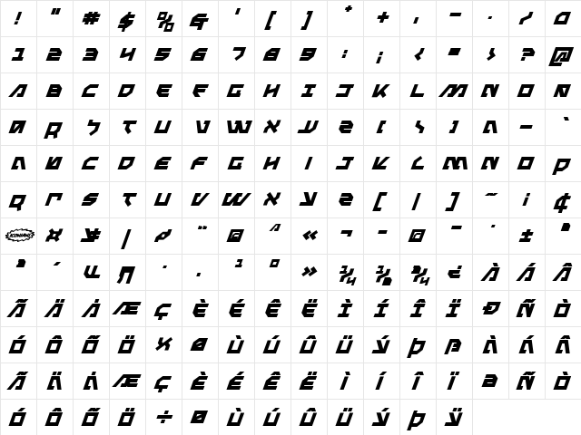 Metal Storm Bold Italic Bold Italic  glyph index