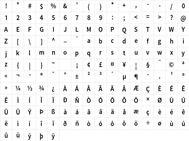 Falling Sky Condensed  glyph index