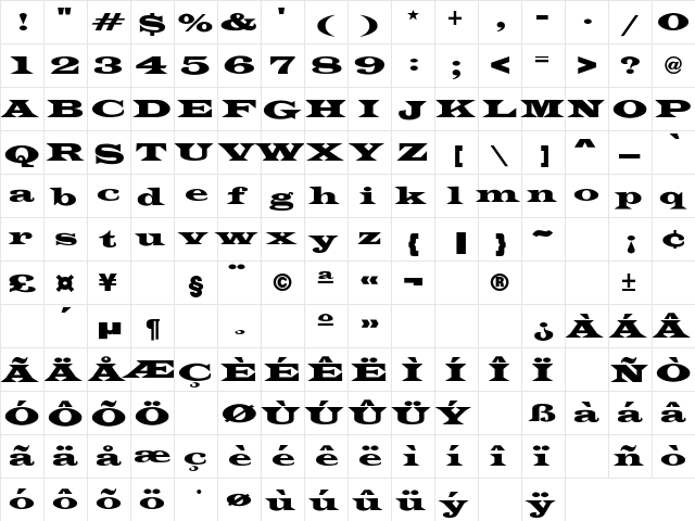 Latin-Wide Regular  glyph index