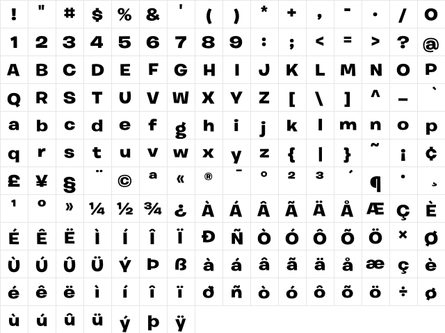 Burbank Big Wide Bold  glyph index