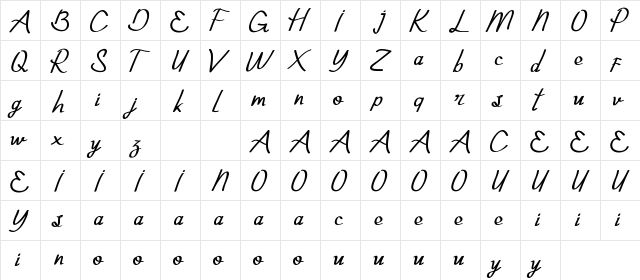 Exninja Demo Caligraphy Regular  glyph index