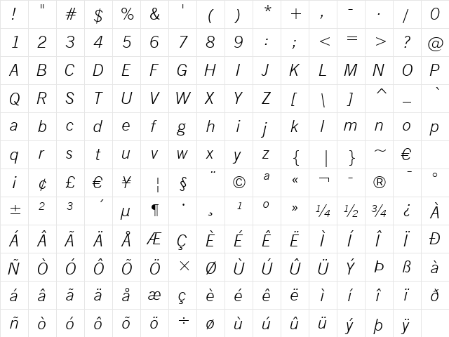 NewsGoth Lt BT Light Italic  glyph index