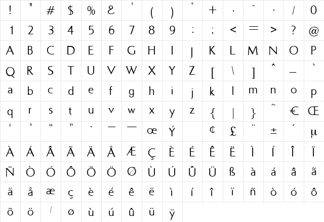 Marina Regular  glyph index