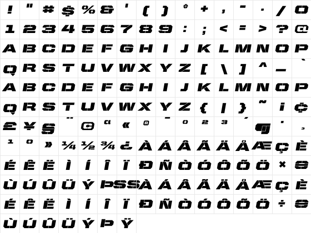United Italic Ext Stencil  glyph index