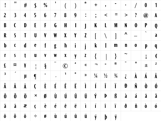 Ocean Sans MT Std Bold Cond  glyph index