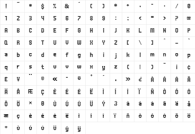 UNDA Regular  glyph index