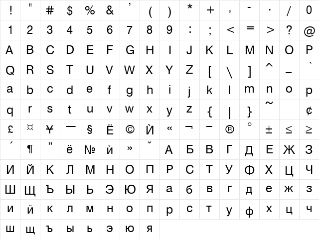 Hebar Normal  glyph index