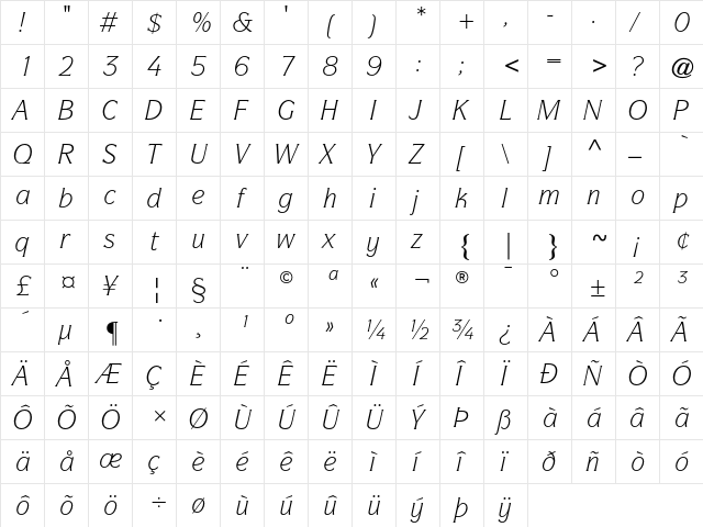 ITC Symbol Book Italic  glyph index