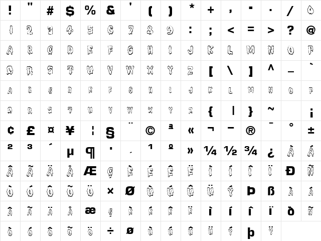 Melted Regular  glyph index
