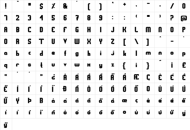 Sweden Funkis Straight Regular  glyph index